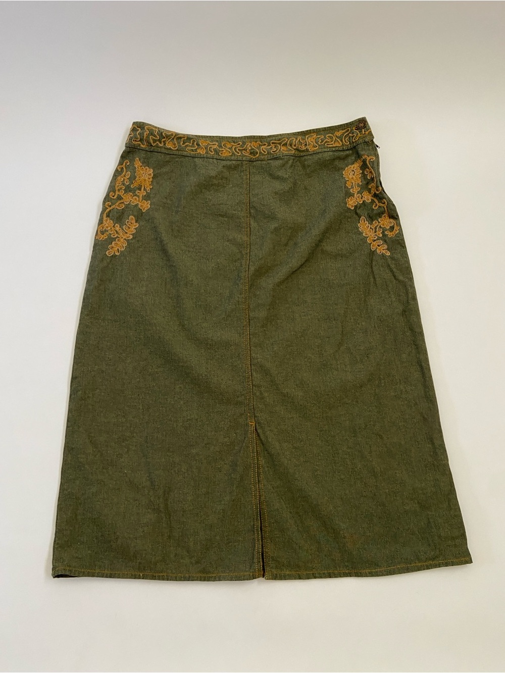 Embroidered Olive Green Denim Midi Skirt